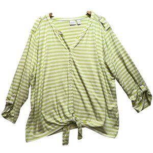 Chico's Womens Tie Front Button Up Top Roll Tab Sleeve 4 Lime Green White Stripe